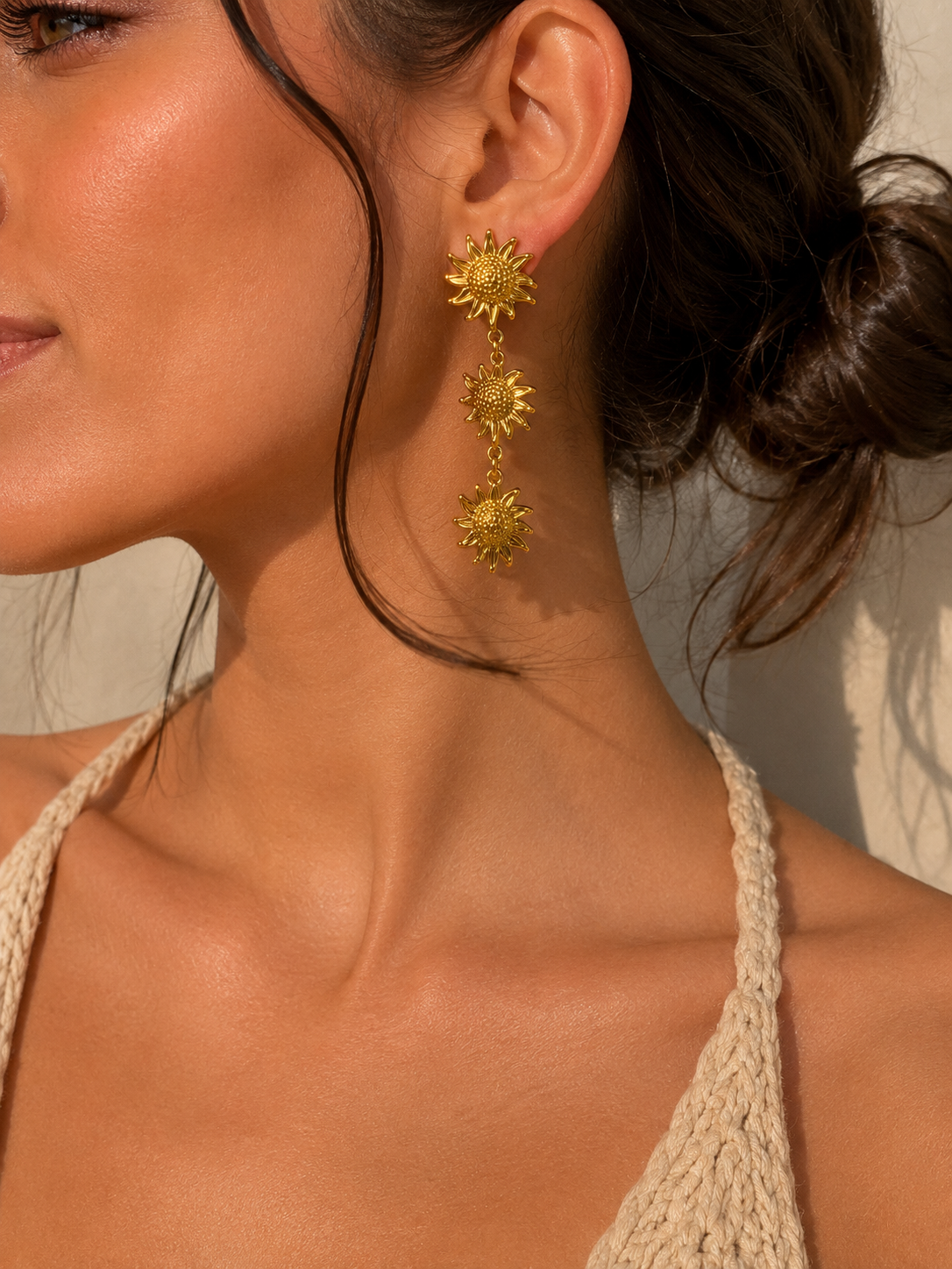 Boucles d'Oreilles Pendantes Triple Tournesol Doré en Cascade - ModeAccess