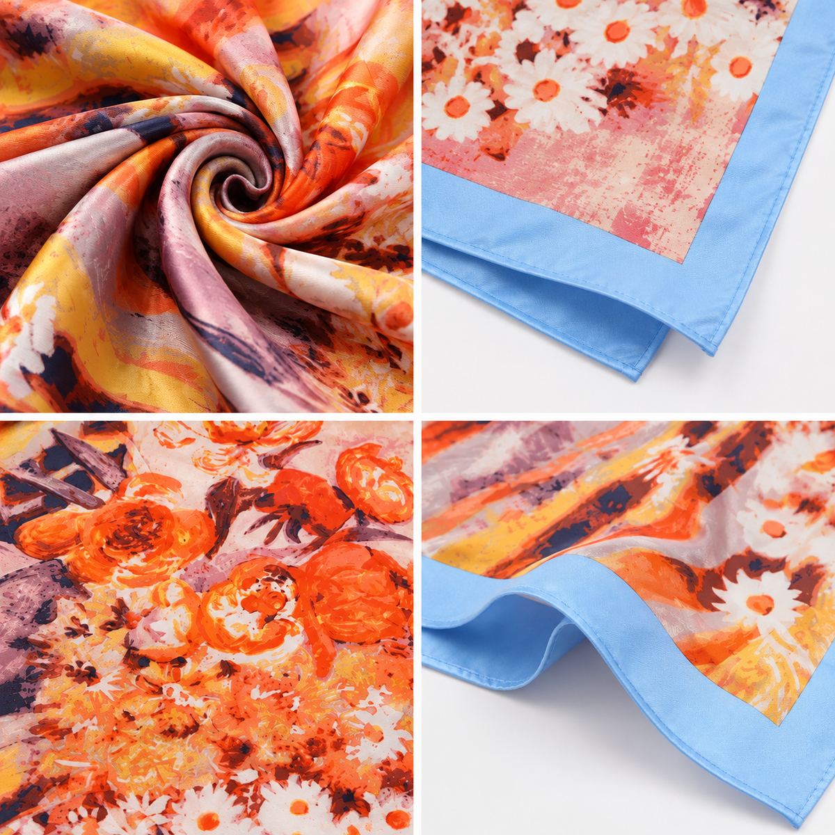Foulard Carré Floral Orange Bleu - ModeAccess