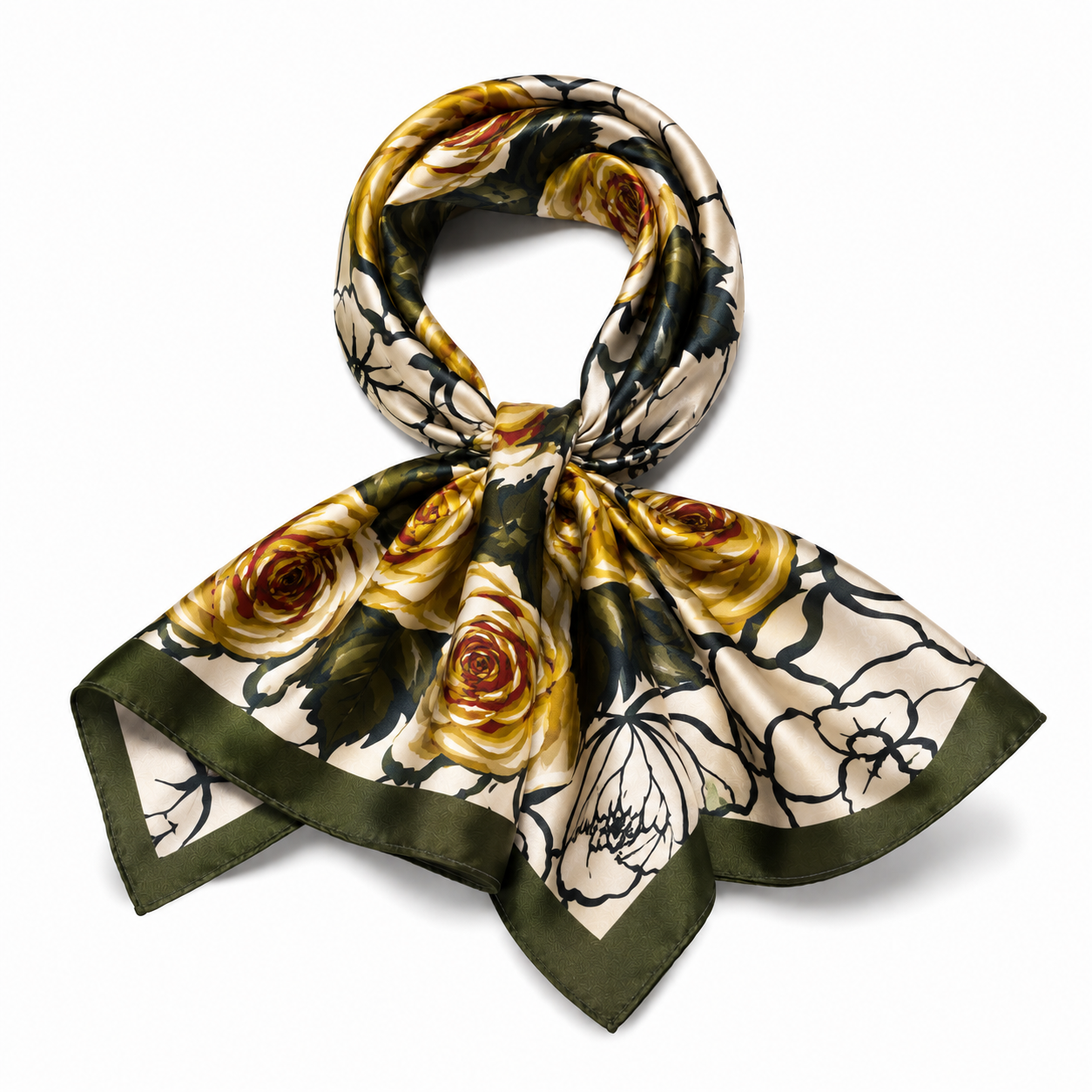 Foulard Carré Satin Roses Dorées Fond Crème Bordure Kaki - ModeAccess