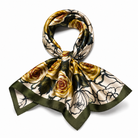 Foulard Carré Satin Roses Dorées Fond Crème Bordure Kaki - ModeAccess