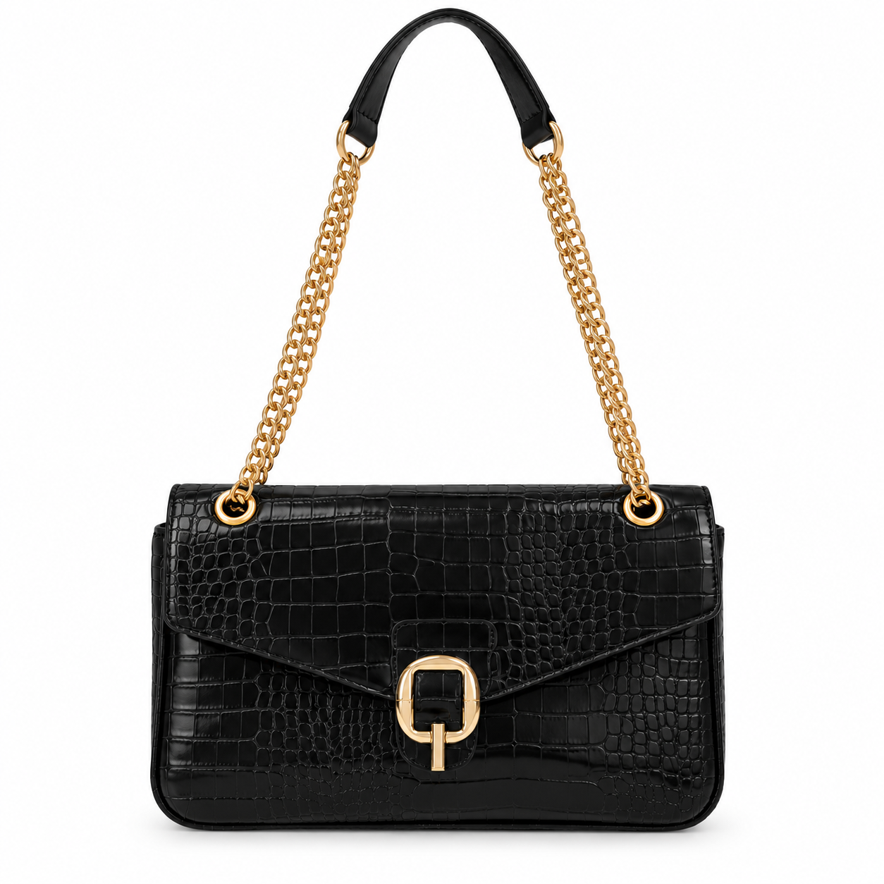 Sac Bandoulière Croco Boucle Dorée Noir - ModeAccess