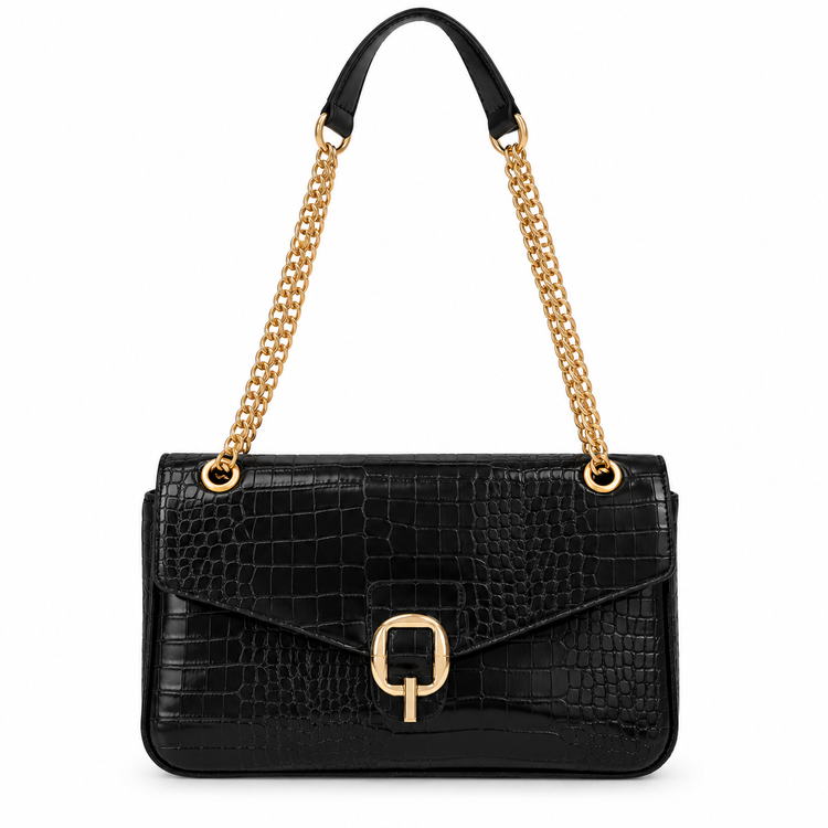 Sac Bandoulière Croco Boucle Dorée Noir - ModeAccess