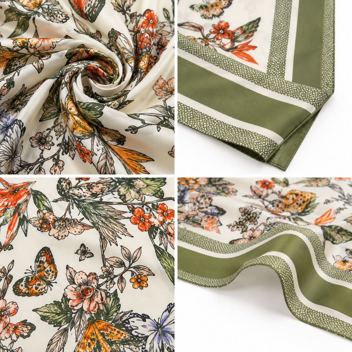 Foulard Carré Floral Crème Kaki - ModeAccess