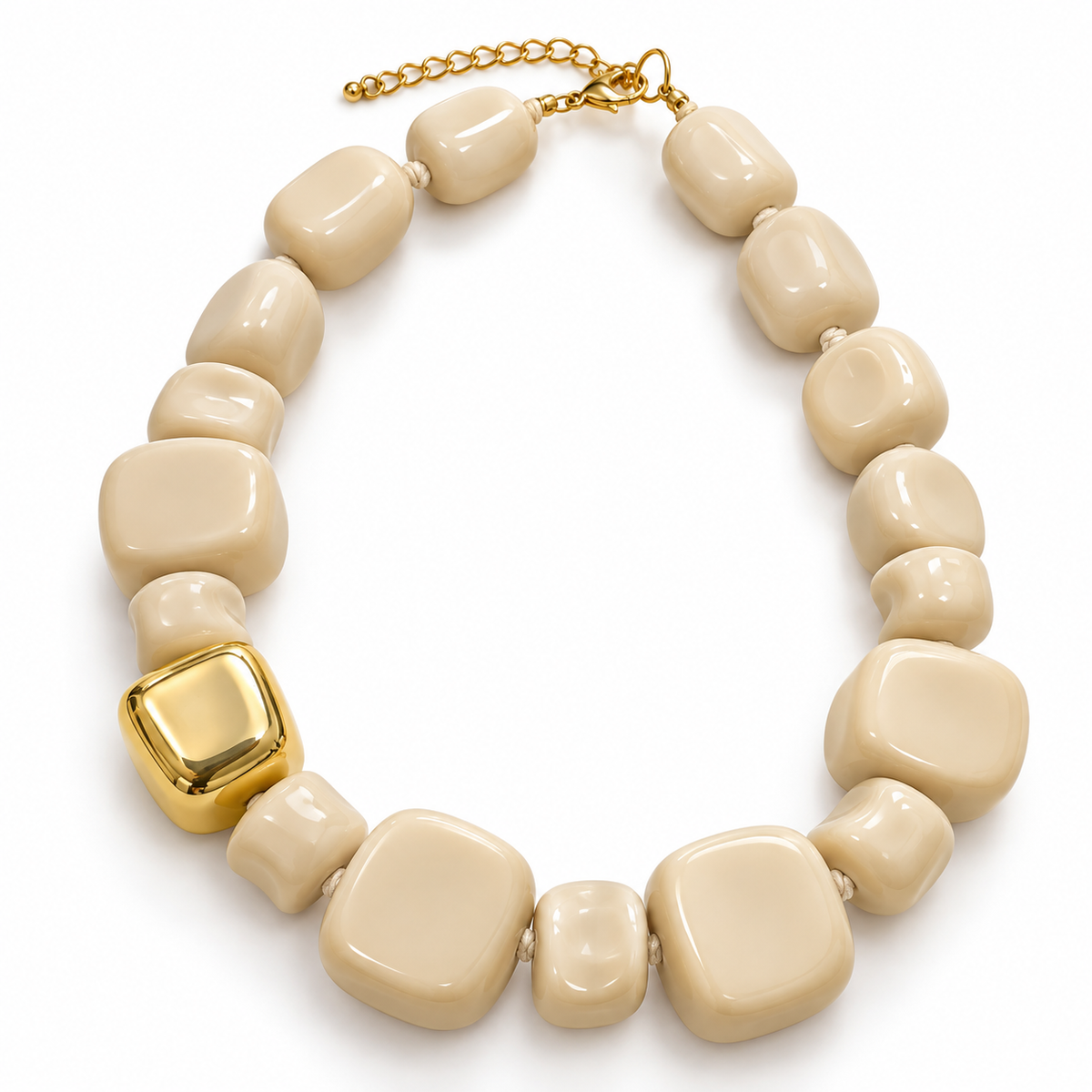 Collier Perles Résine Beige Ivoire Doré - ModeAccess
