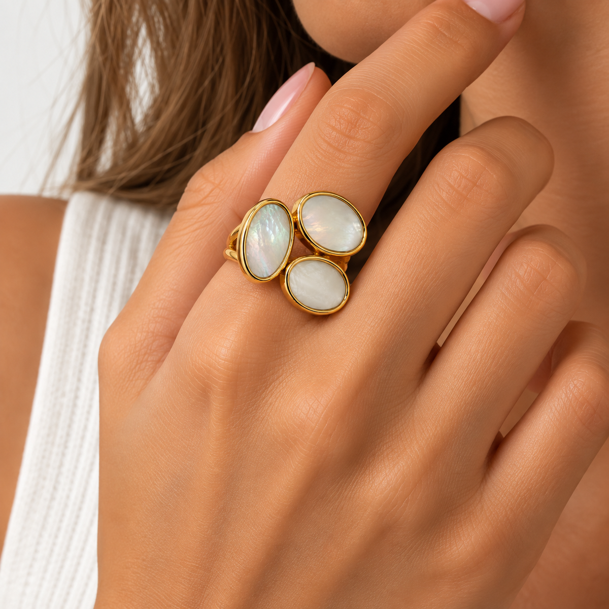 Bague Trois Cabochons Nacre Dorée - ModeAccess