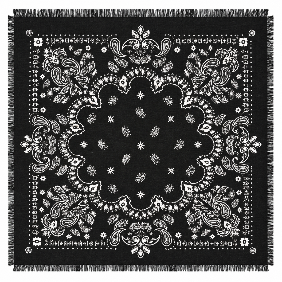Foulard Carré Imprimé Bandana Paisley Frangé Sauge Noir - ModeAccess