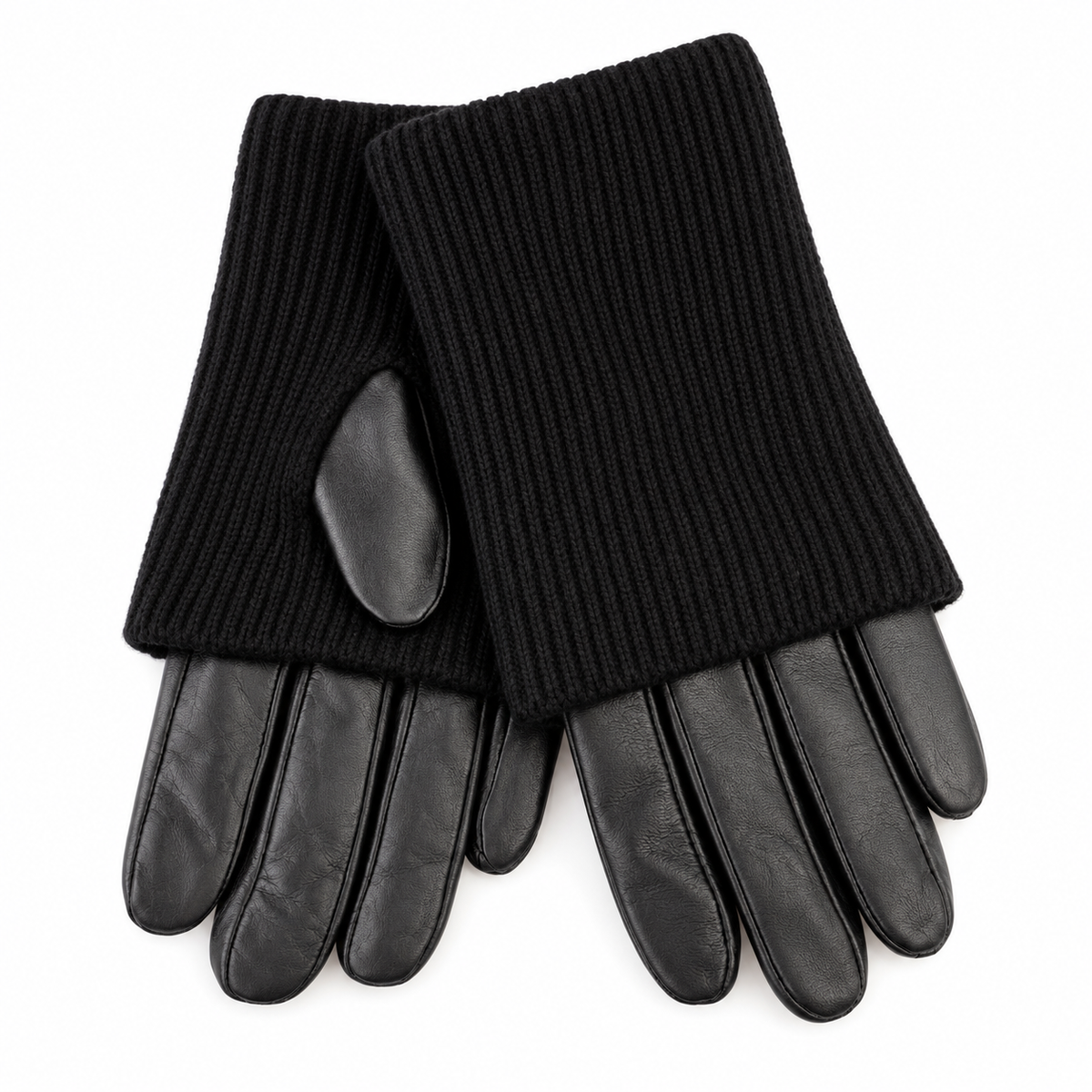 Gants Cuir Manchette Tricotée Noirs - ModeAccess
