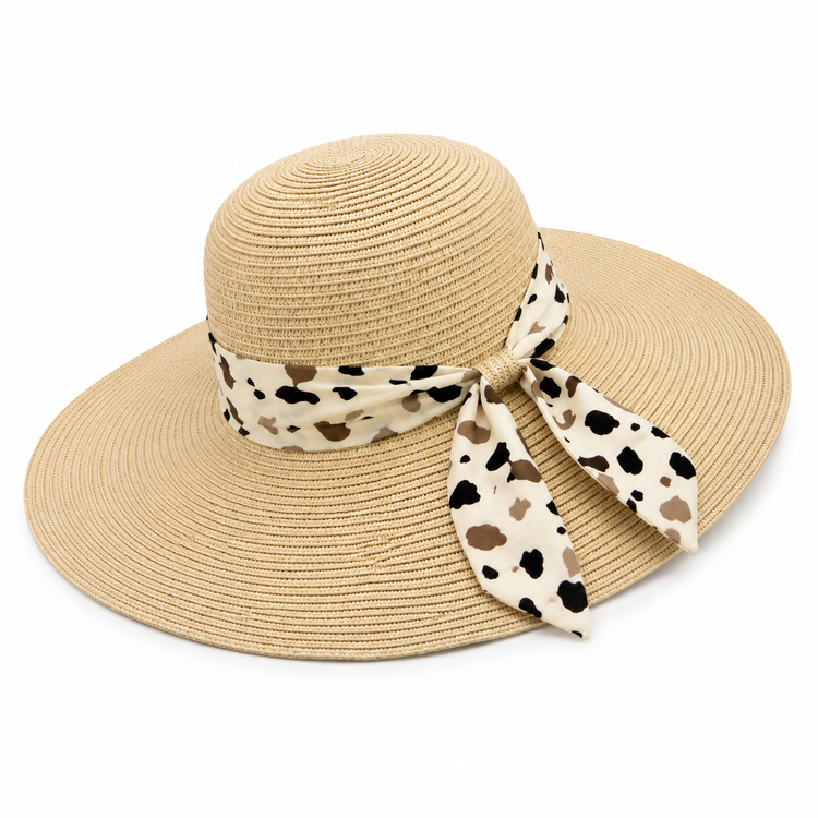 Chapeau de Soleil Tressé Ruban Imprimé Vache