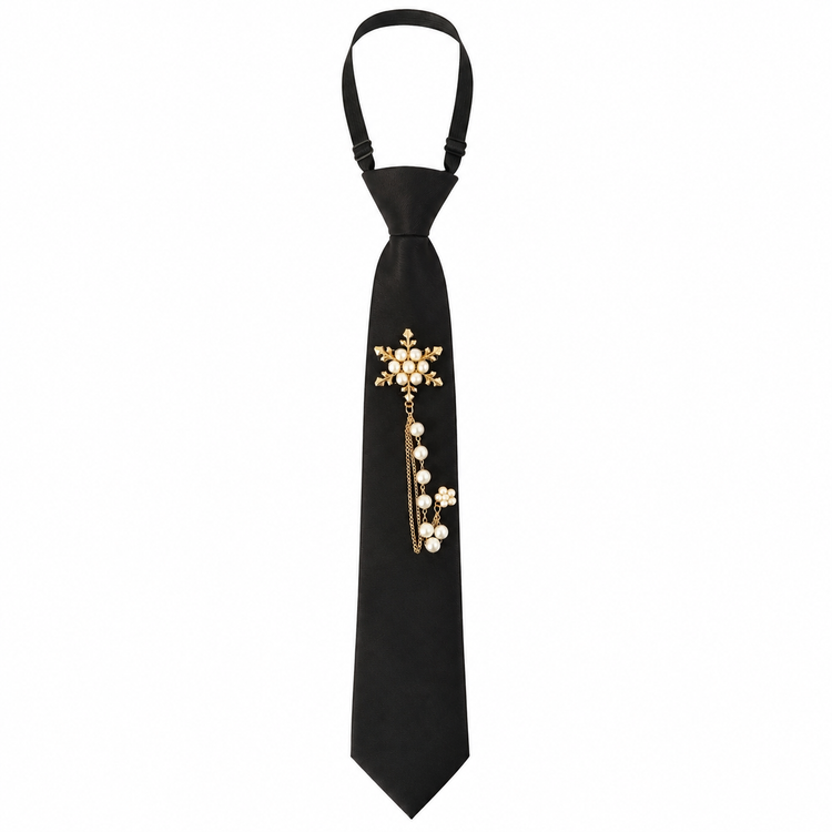Cravate Noire Broche Florale Dorée Perles