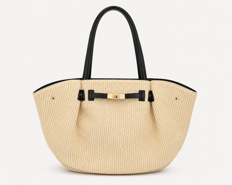 Sac Cabas Tressé Raffia Garnitures Cuir