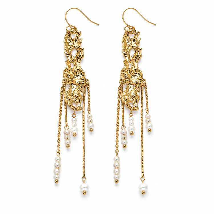 Boucles d'Oreilles Pendantes Dorées Perles