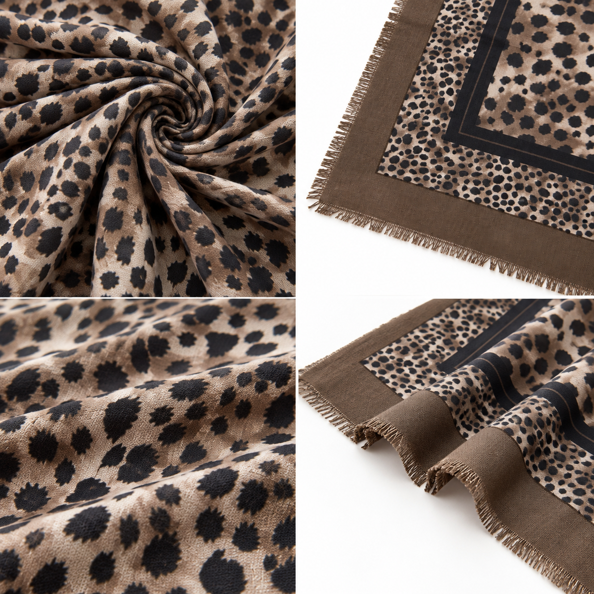 Foulard Carré Imprimé Léopard Frangé Camel Noir Porté - ModeAccess