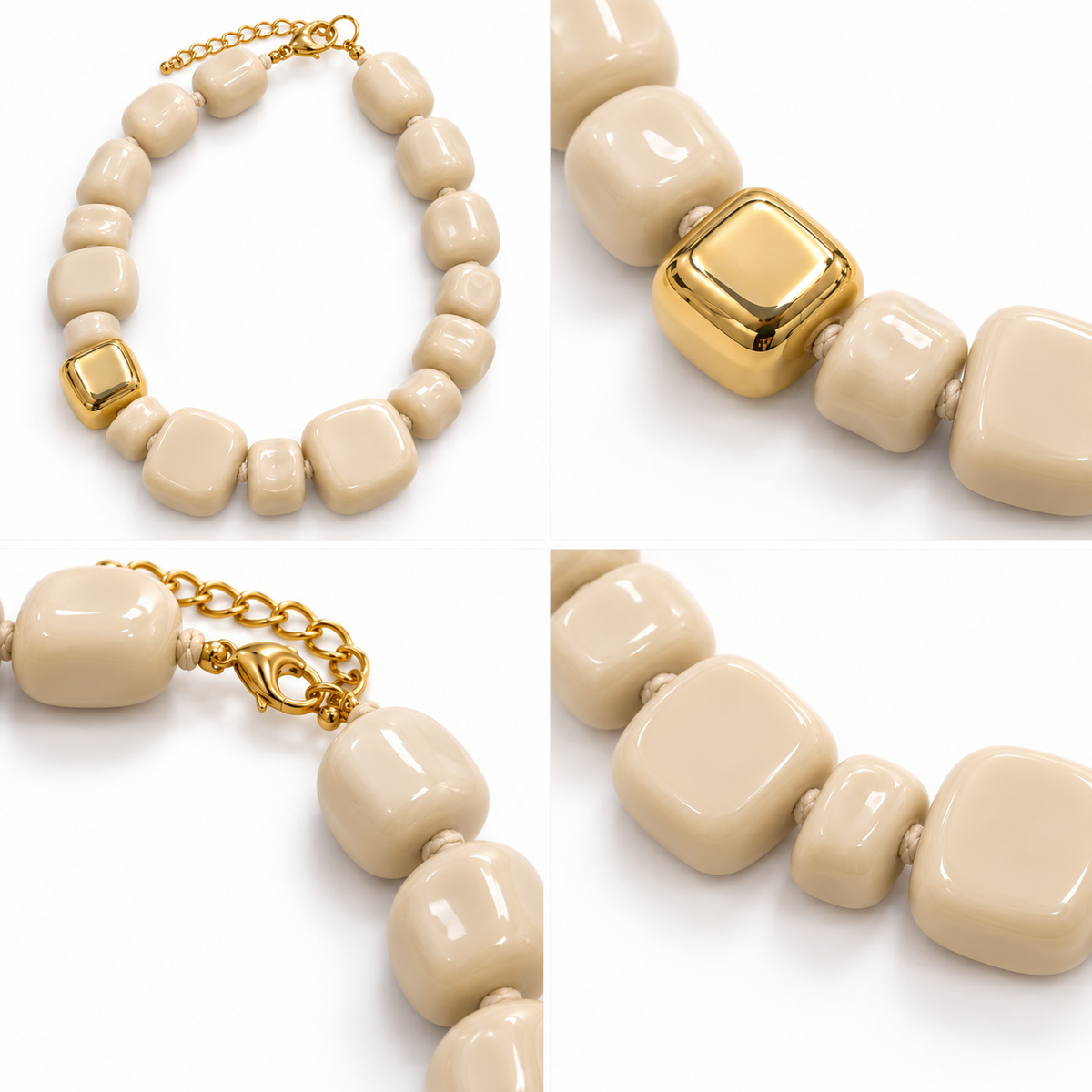 Collier Perles Résine Beige Ivoire Doré - ModeAccess