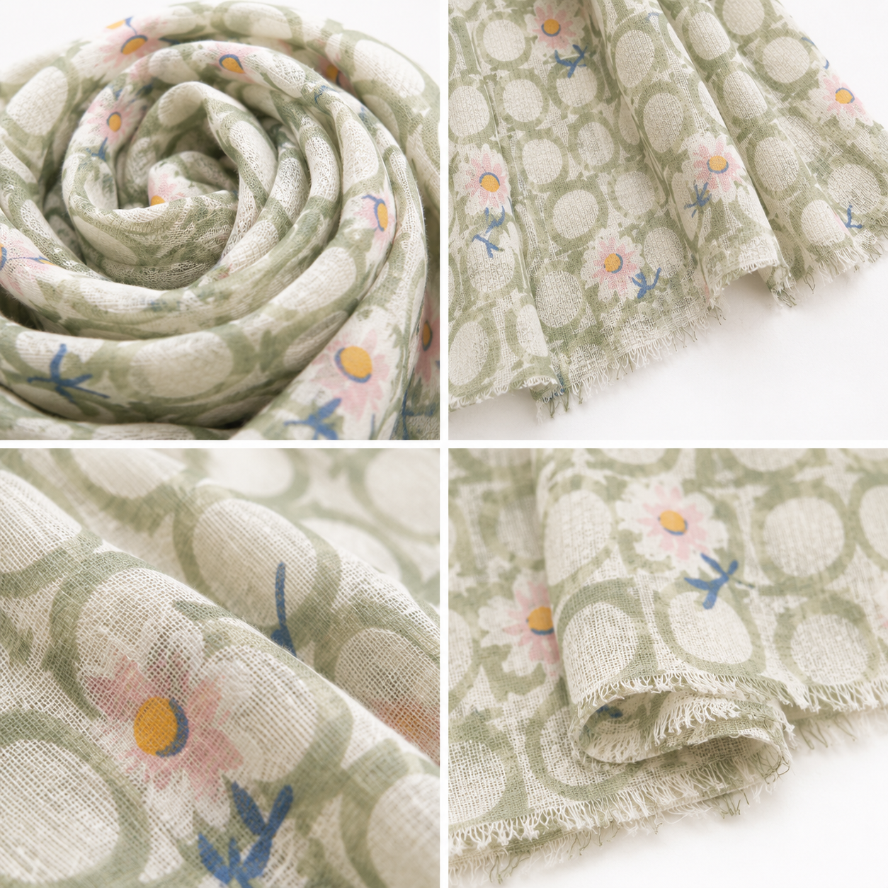 Foulard Floral Marguerites Vert Sauge Détail Matière - ModeAccess