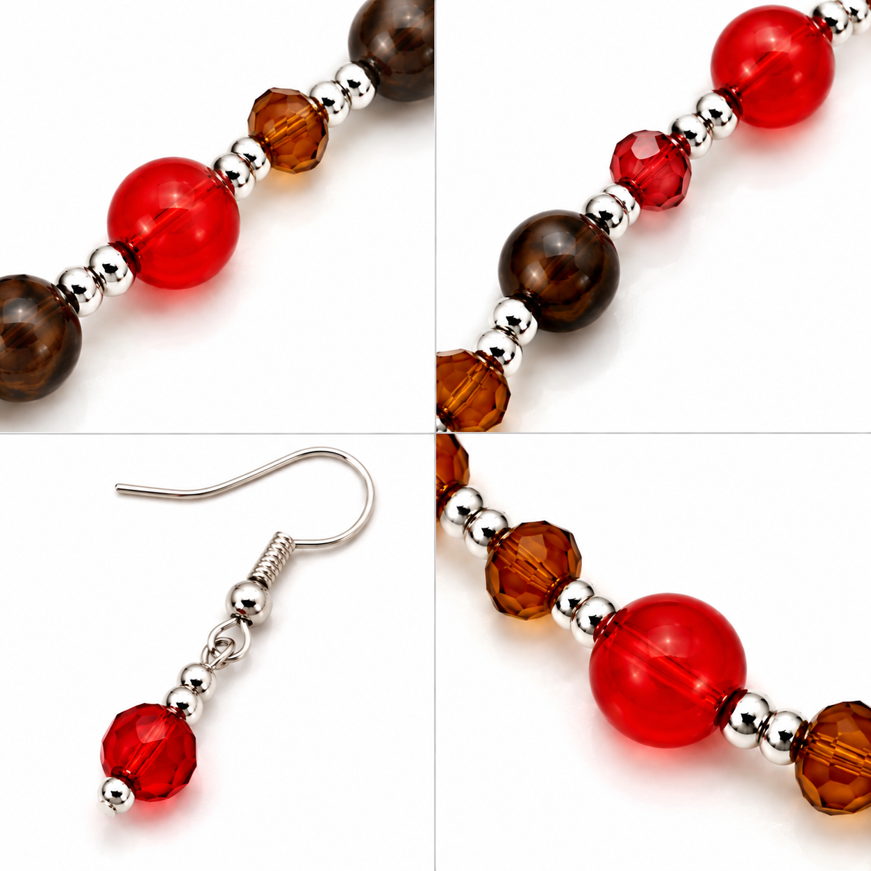 Parure Sautoir Perles Pierre de Verre Rouge Marron Cristaux Ambre Argenté - ModeAccess