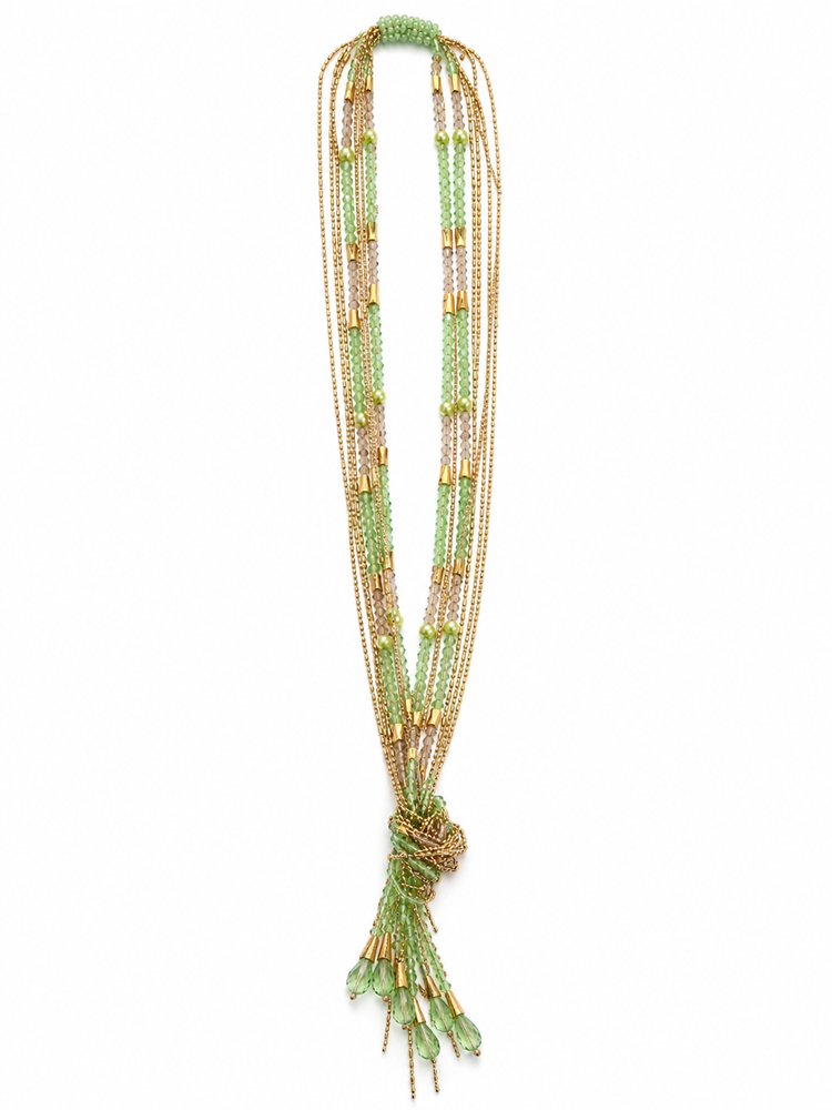 Collier Sautoir Perles Rocaille Vertes Cristaux