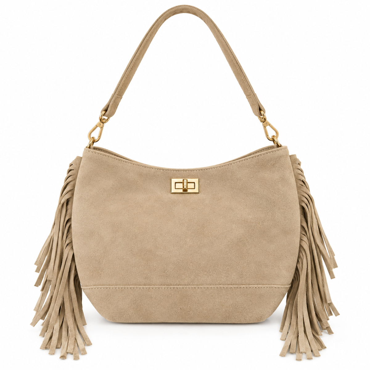 Sac Hobo Cuir Franges Taupe - ModeAccess