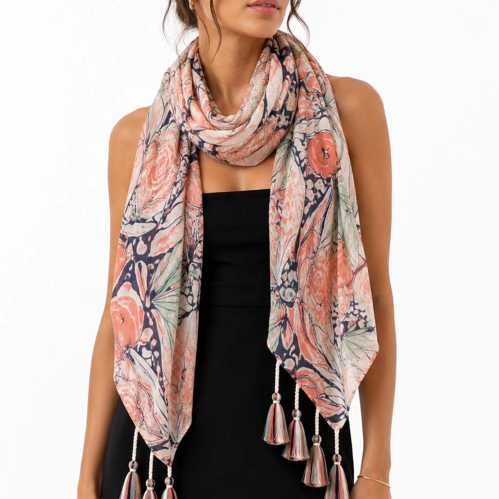 Foulard Imprimé Floral Corail Pompons Multicolores - ModeAccess