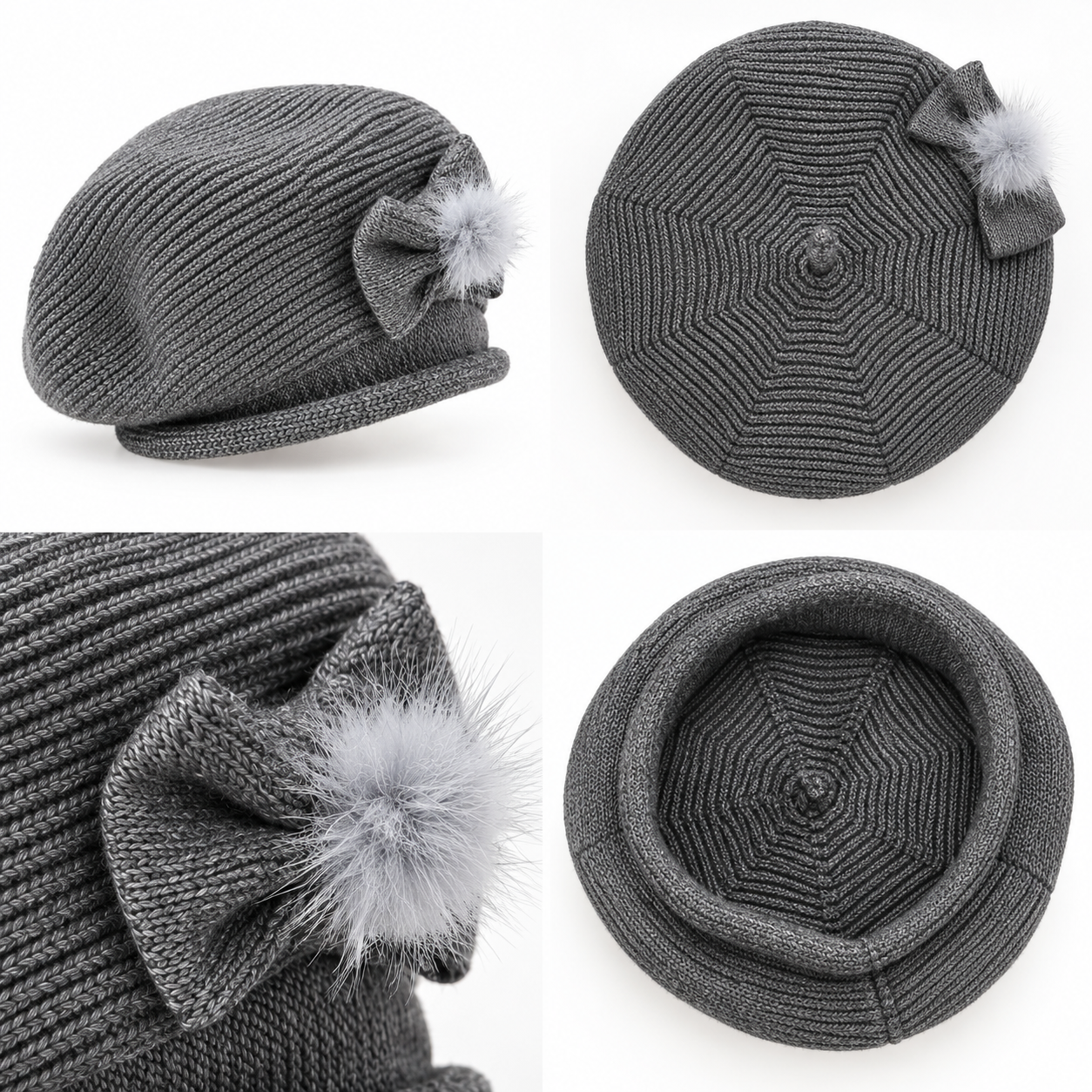 Béret Tricoté Nœud Pompon Gris - ModeAccess