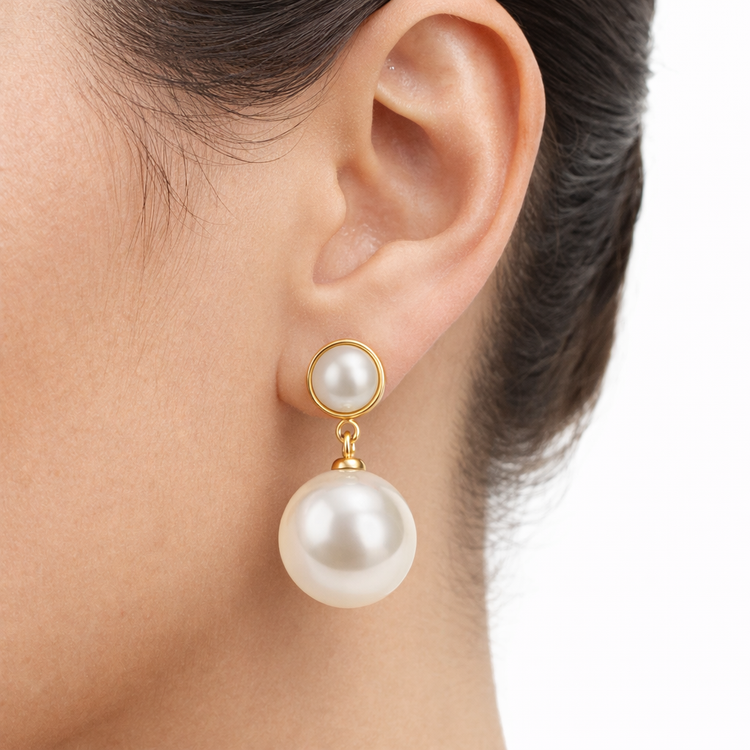 Boucles d'Oreilles Pendantes Double Perle Nacrée