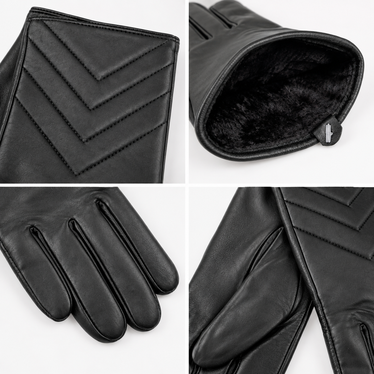 Gants Cuir Matelassés Chevron Noirs Détail - ModeAccess