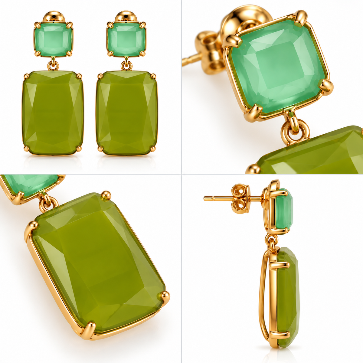 Boucles d’Oreilles Pendantes Rectangles Verre Facetté - ModeAccess - Détails verts