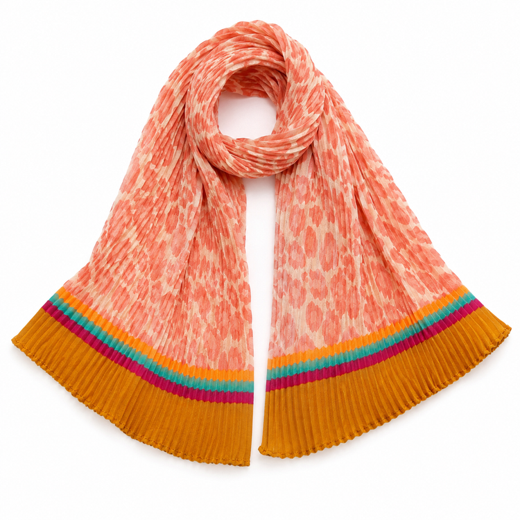 Écharpe Plissée Léopard Corail Bordure Multicolore