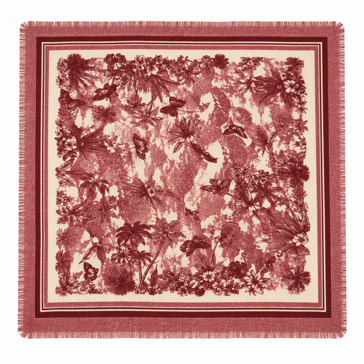 Foulard Carré Imprimé Jungle Tropical Frangé Noir Écru - ModeAccess