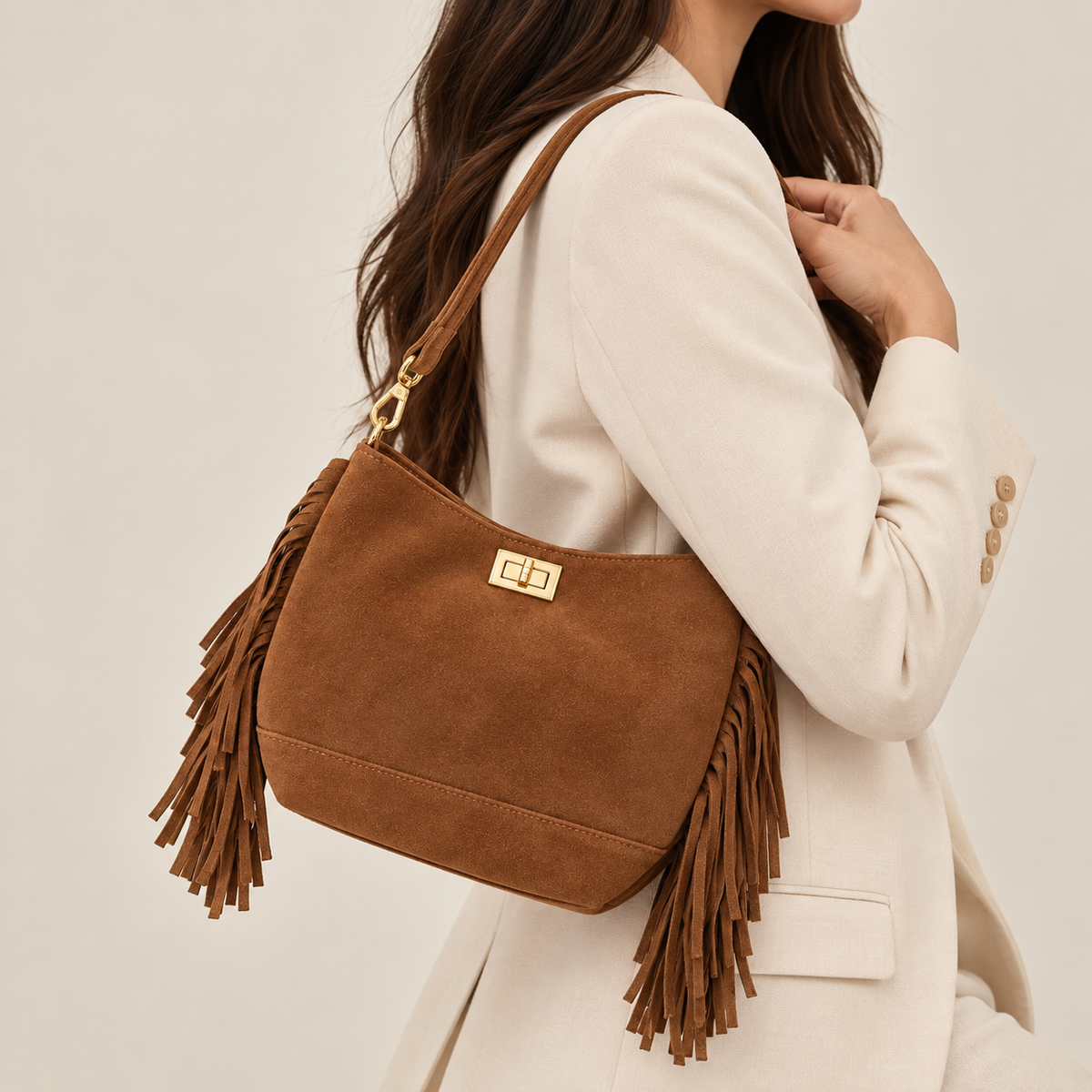 Sac Hobo Cuir Franges Camel - ModeAccess