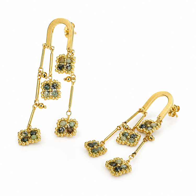 Boucles d'Oreilles Longues Médaillons Pierres Vertes Doré