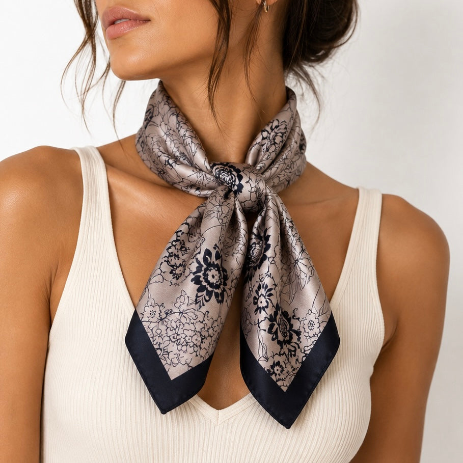 Foulard Carré Satin Floral Beige Bordure Marine Porté - ModeAccess