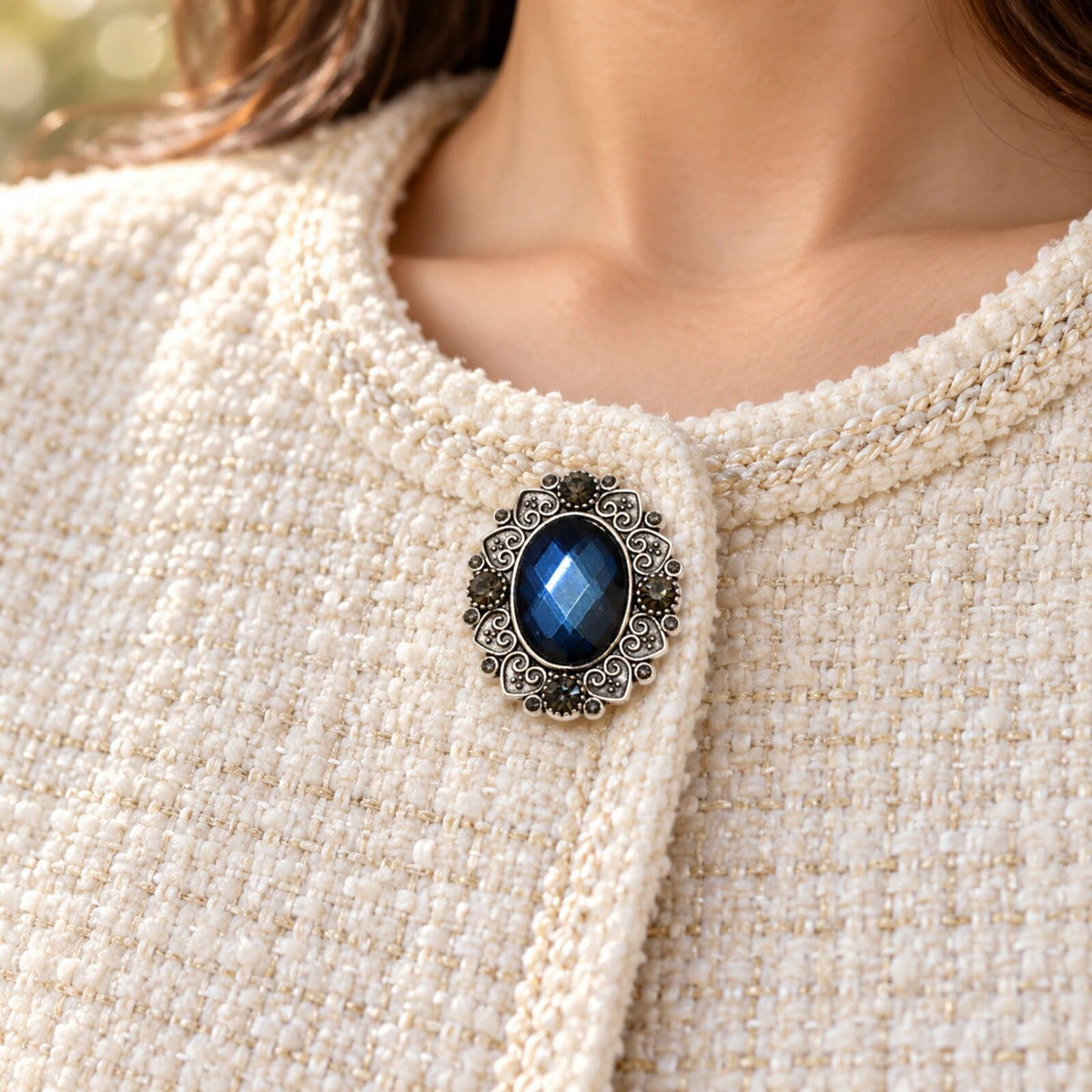 Cache-Bouton Ovale Bleu Saphir Argent Vieilli