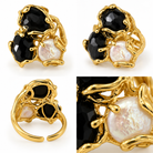 Bague Cluster Onyx Perle Baroque Dorée - ModeAccess