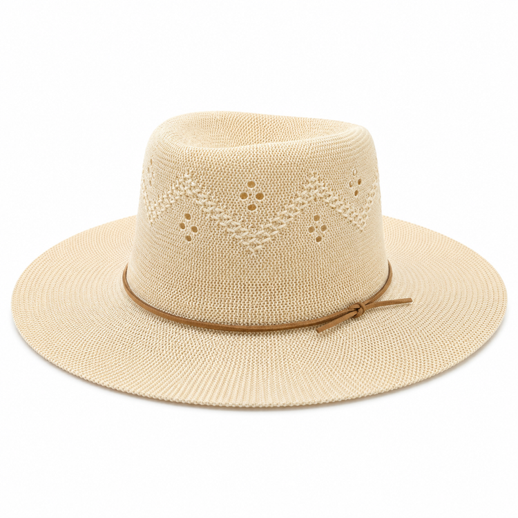 Chapeau Fedora Tricot Ajouré Crème Cordon Camel