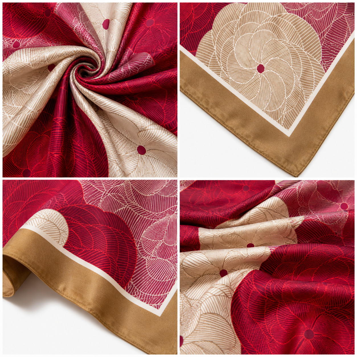 Foulard Carré Satin Floral Bordeaux Crème Détail Matière - ModeAccess