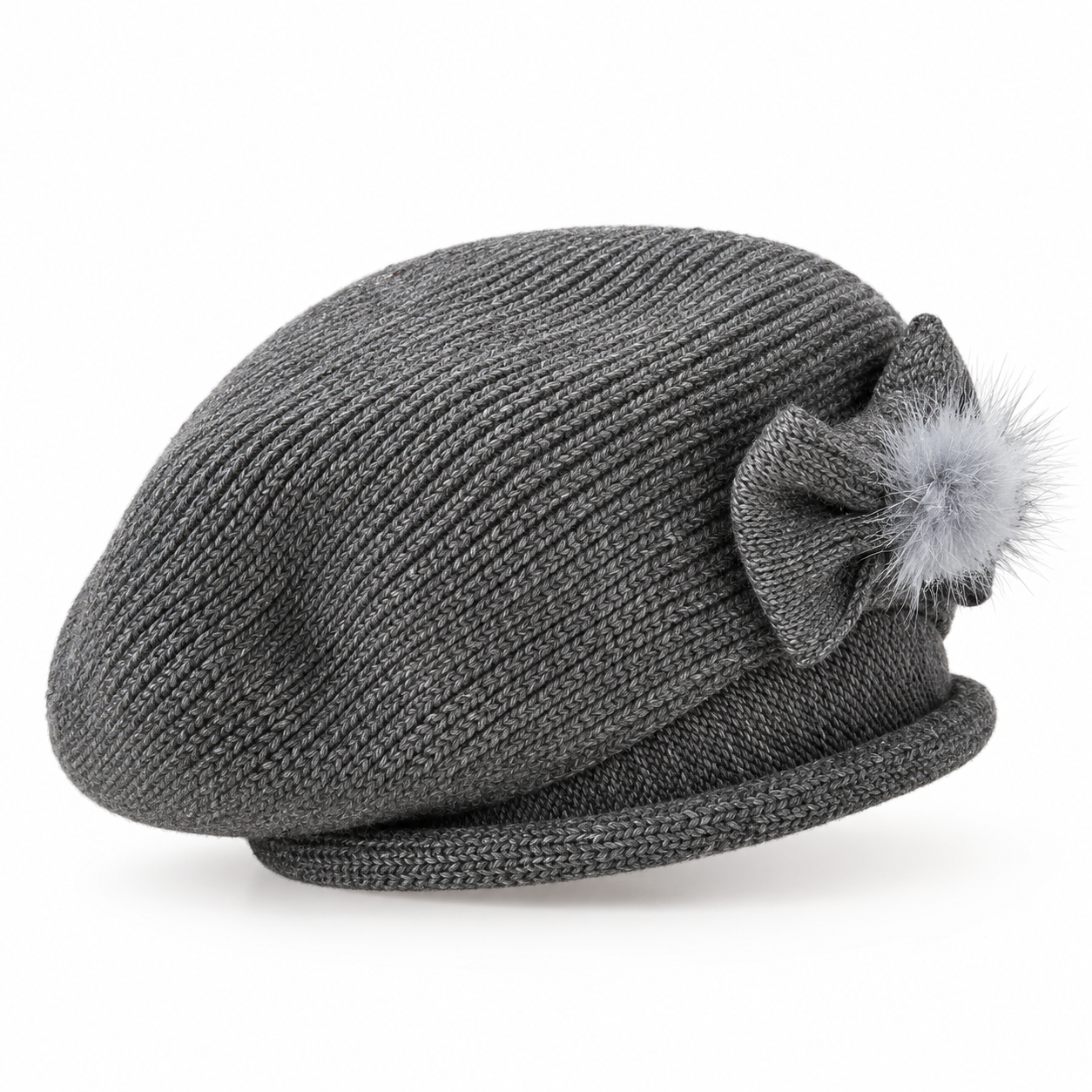 Béret Tricoté Nœud Pompon Gris - ModeAccess