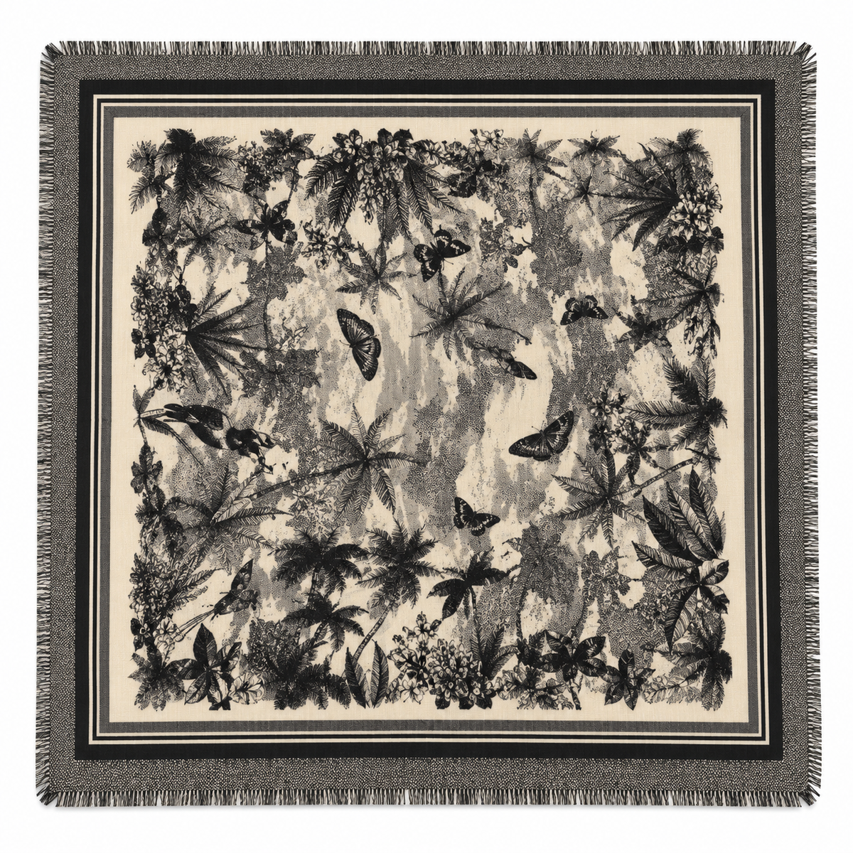 Foulard Carré Imprimé Jungle Tropical Frangé Bleu Marine Écru - ModeAccess