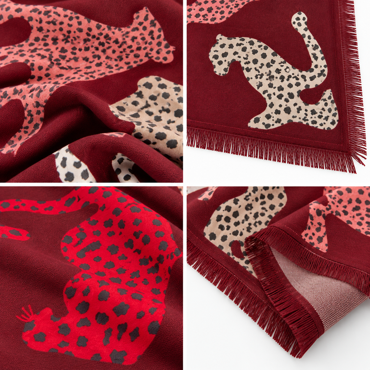 Foulard Carré Imprimé Léopards Silhouette Frangé Ambiance - ModeAccess