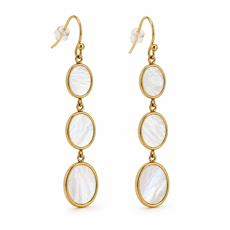 Boucles d'Oreilles Longues Cabochons Nacre Blanche Doré