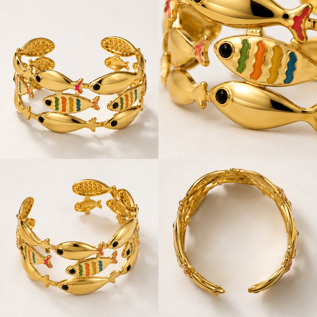 Bracelet Manchette Poissons Émail Multicolore Détail - ModeAccess