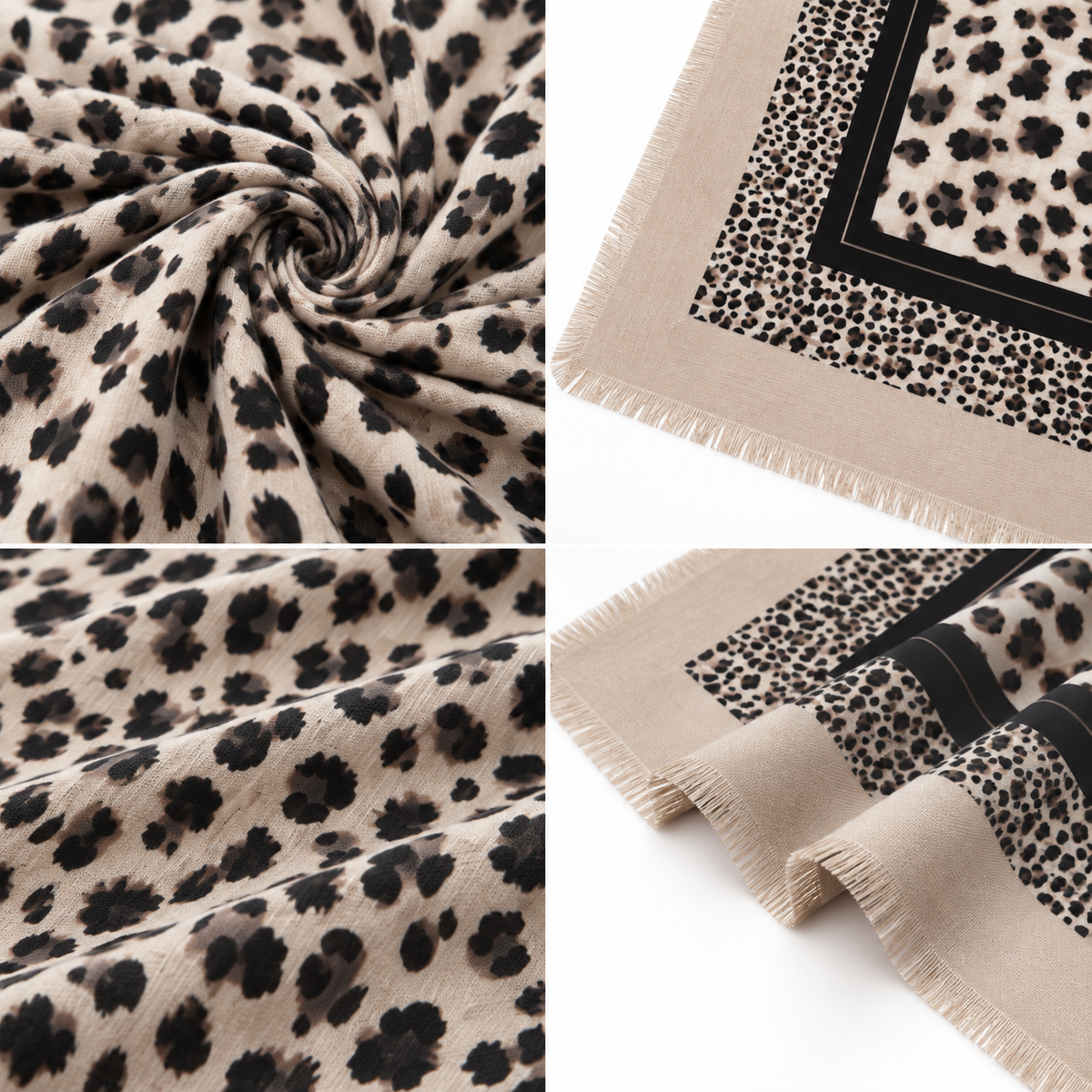 Foulard Carré Imprimé Léopard Frangé Écru Noir Porté - ModeAccess