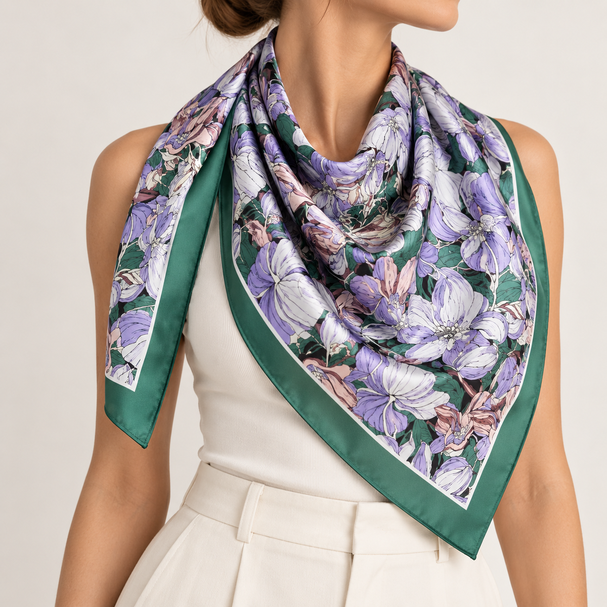 Foulard Carré Floral Violet Vert - ModeAccess