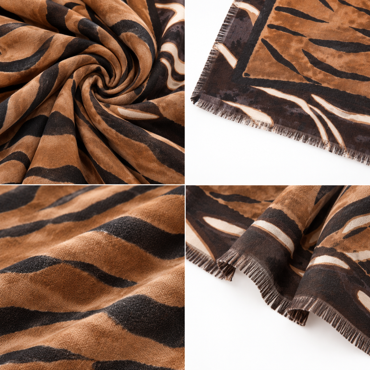 Foulard Carré Imprimé Zèbre Tigré Frangé Camel Noir Porté - ModeAccess