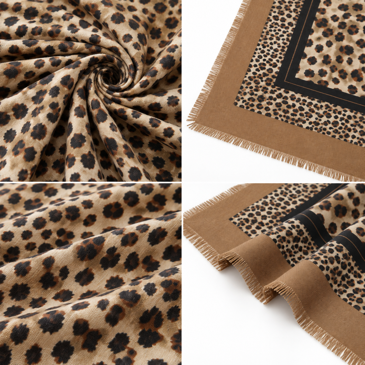 Foulard Carré Imprimé Léopard Frangé Camel Noir Vue - ModeAccess