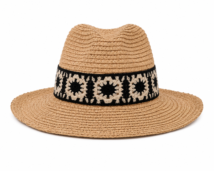 Chapeau Panama Paille Bandeau Crochet Floral Noir