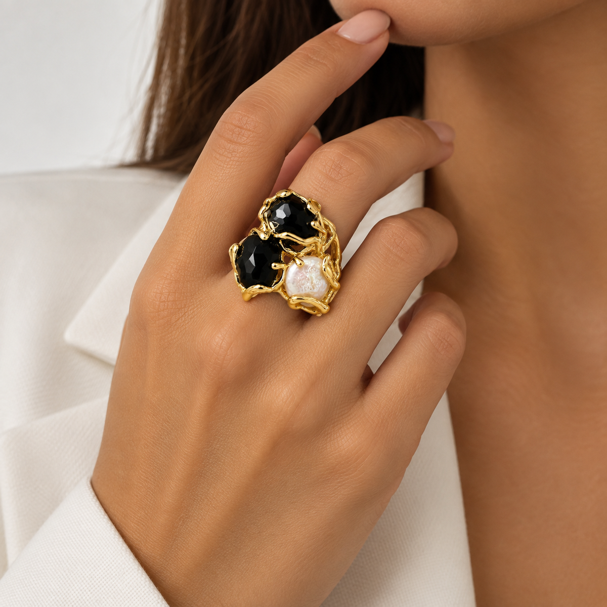 Bague Cluster Onyx Perle Baroque Dorée - ModeAccess