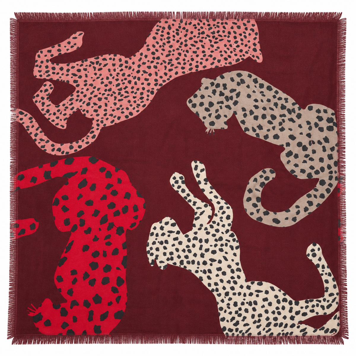 Foulard Carré Imprimé Léopards Silhouette Frangé Écru Marron - ModeAccess