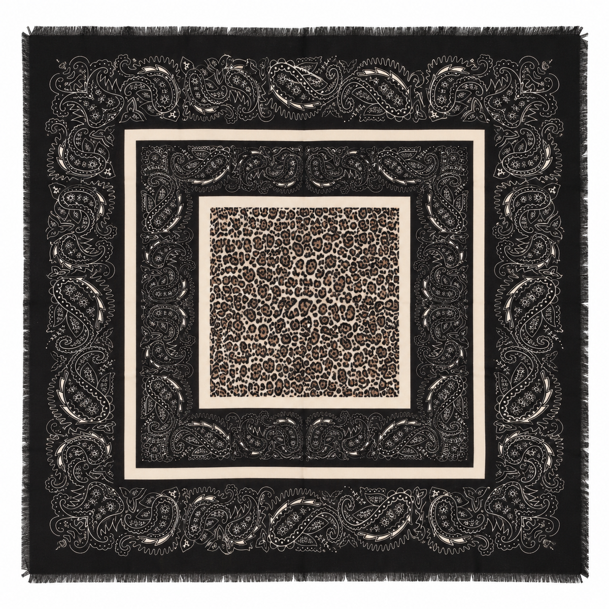 Foulard Carré Imprimé Paisley Léopard Frangé Écru Noir - ModeAccess
