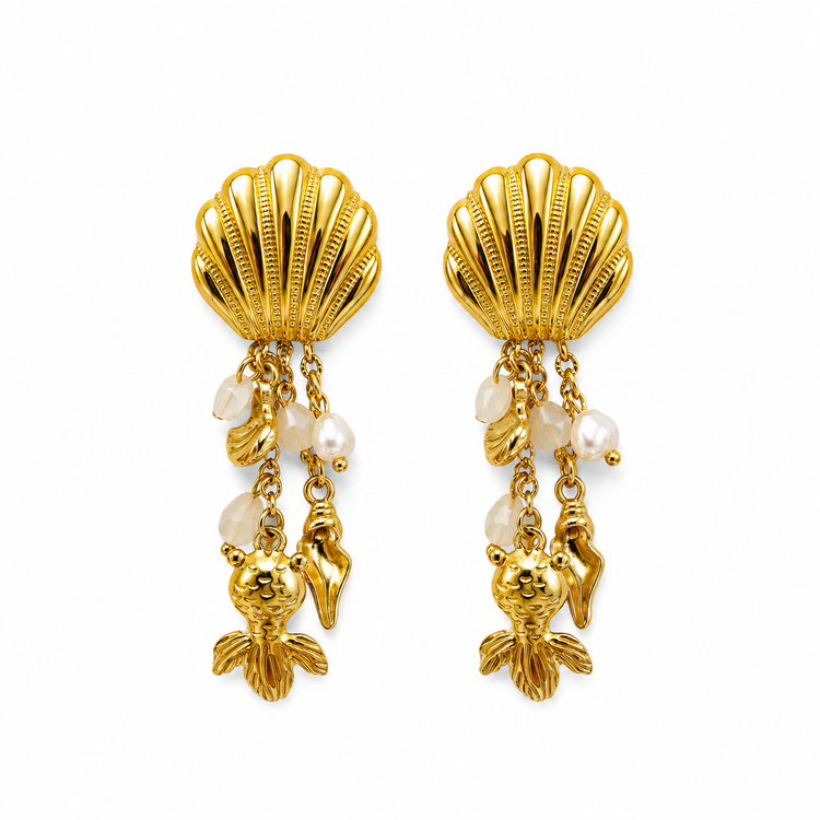 Boucles d'Oreilles Coquillage Doré Charms Marins Perles - ModeAccess