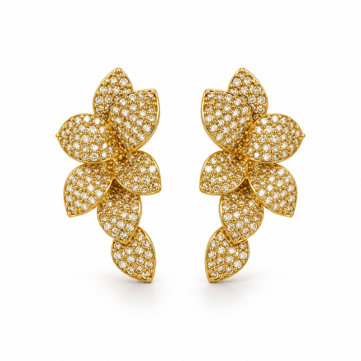 Boucles d’Oreilles Pétales Pavés Strass Dorées